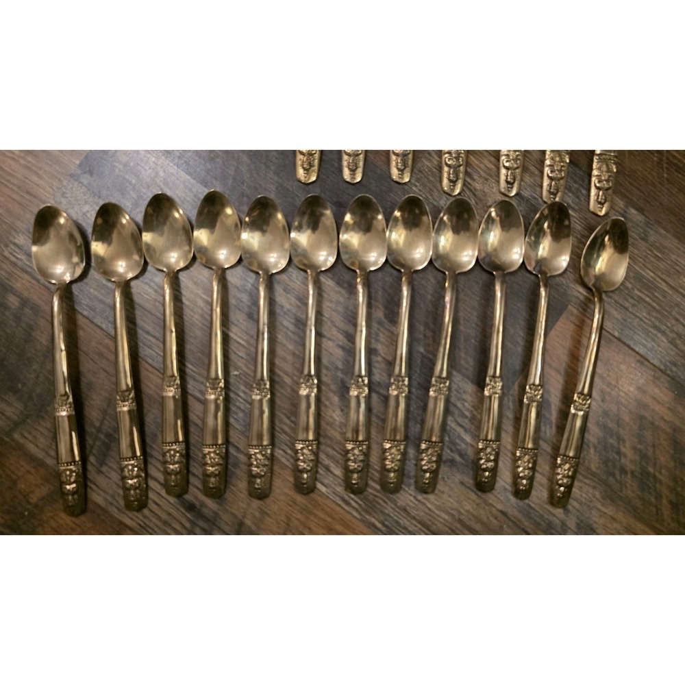 Vintage Thai Bronze Flatware Set Cutlery Brass Siam Buddha Spoons Forks 25 Piece - Picture 2 of 16